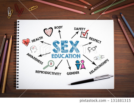 Sex Education Concept. Notebooks, pen and colored pencils on a wooden table 131881315