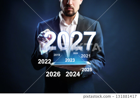 Future planning and strategy visualization with man and decade timeline 131881417
