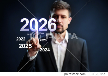 Man interacting with futuristic display showing years from 2019 to 2026 Man interacting with futuristic display showing years from 2019 to 2026 131881454