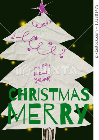 Festive handmade Christmas tree decoration with vibrant colors and cheerful writing Festive handmade Christmas tree decoration with vibrant colors and cheerful writing 131881475