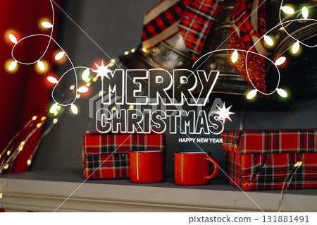 Festive holiday decorations highlight a cozy Christmas setting with gifts and lights Festive holiday decorations highlight a cozy Christmas setting with gifts and lights 131881491