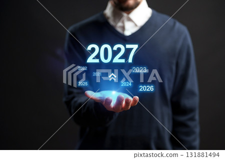 Future timeline prediction displayed in a hand with focus on the year 2027 131881494
