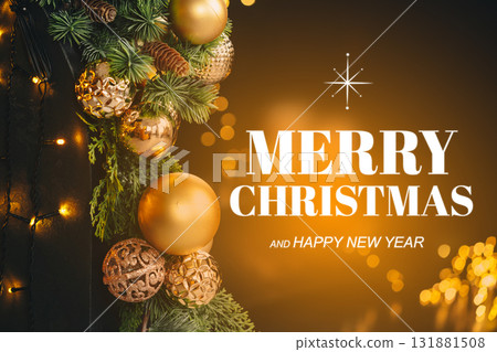 Decorated Christmas wreath with golden ornaments and festive lights for the holiday season 131881508