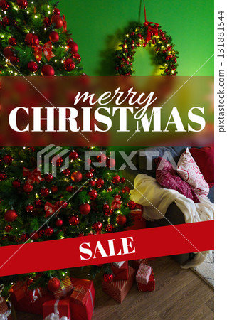Festive Christmas tree with decorations and sale banner in cozy living room setting Festive Christmas tree with decorations and sale banner in cozy living room setting 131881544