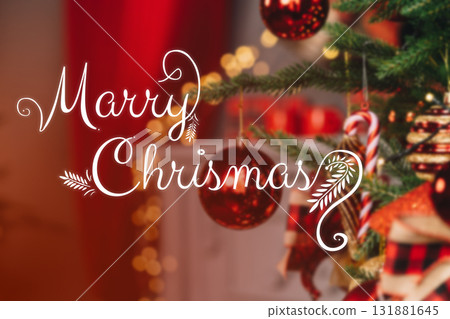 Decorative Christmas tree with ornaments and warm holiday lights shining brightly 131881645