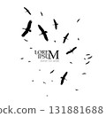 Flight of storks silhouette. A flock of birds flying south. Hand drawn. Not AI, vector illustration. 131881688