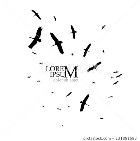 Flight of storks silhouette. A flock of birds flying south. Hand drawn. Not AI, vector illustration. 131881688