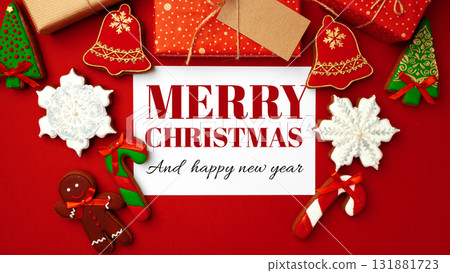 Festive holiday decorations with cookies and gifts for Christmas and New Year celebration Festive holiday decorations with cookies and gifts for Christmas and New Year celebration 131881723