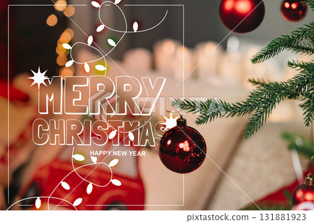 Decorative Christmas scene with festive lights and ornaments during holiday season Decorative Christmas scene with festive lights and ornaments during holiday season 131881923
