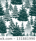 Christmas. Winter background. Winter Forest background. Pine, spruce, christmas tree. Snowy graphic trees seamless pattern panorama view. hand drawing. Not AI, Vector illustrations 131881990