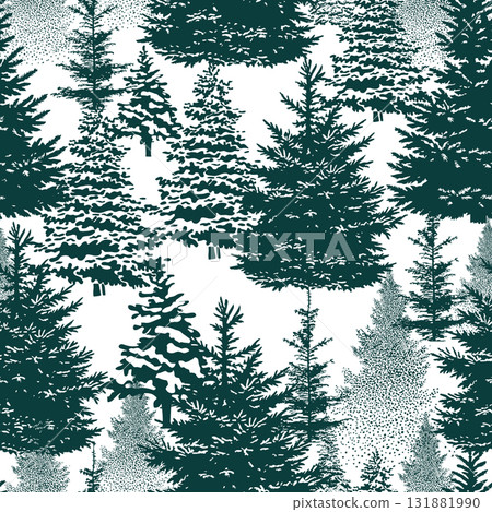 Christmas. Winter background. Winter Forest background. Pine, spruce, christmas tree. Snowy graphic trees seamless pattern panorama view. hand drawing. Not AI, Vector illustrations 131881990