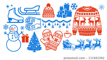 Set of Christmas objects. Hand drawn. Not AI, vector illustration. 131881992