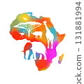 Africa logo continent symbol colored. Hand drawn. Not AI, vector illustration. 131881994
