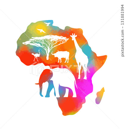 Africa logo continent symbol colored. Hand drawn. Not AI, vector illustration. 131881994