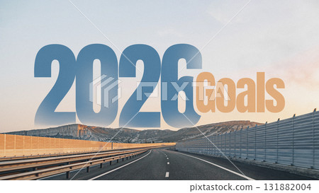 Road leading towards future goals for the year 2026 in a clear landscape Road leading towards future goals for the year 2026 in a clear landscape 131882004