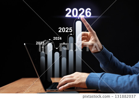 Progressive growth chart showing increasing years from 2023 to 2026 with a hand pointing 131882037