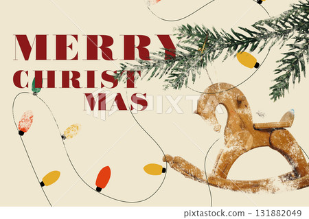 Festive wooden rocking horse with Christmas decorations and greeting 131882049