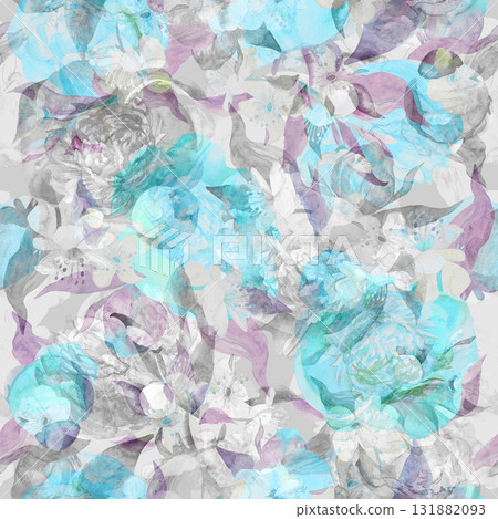 Seamless abstract watercolor pattern with delicate flower in monochrome shades  131882093