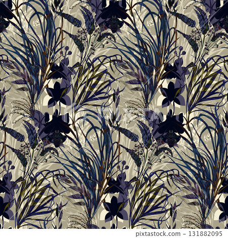 Botanical seamless pattern with graceful flowers and orchid sulhouettes for textiles 131882095