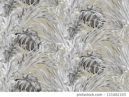 Seamless botanical pattern with black and white Jungle with watercolor leaves 131882103