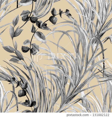 Seamless watercolor black and white pattern with graceful leaves and stems for textile 131882122