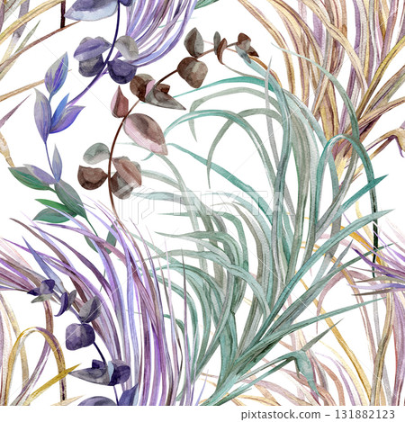 Seamless watercolor pattern with graceful leaves and stems on green background for textile Seamless watercolor pattern with graceful leaves and stems on green background for textile 131882123
