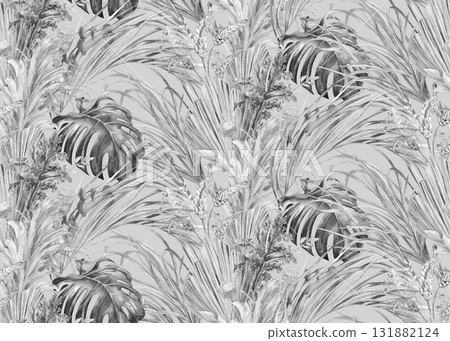 Seamless botanical pattern with black and white Jungle with watercolor leaves Seamless botanical pattern with black and white Jungle with watercolor leaves 131882124