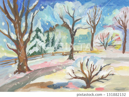 illustration in gouache example of work for students drawing image of winter, trees and snow in the park illustration in gouache example of work for students drawing image of winter, trees and snow in the park 131882132