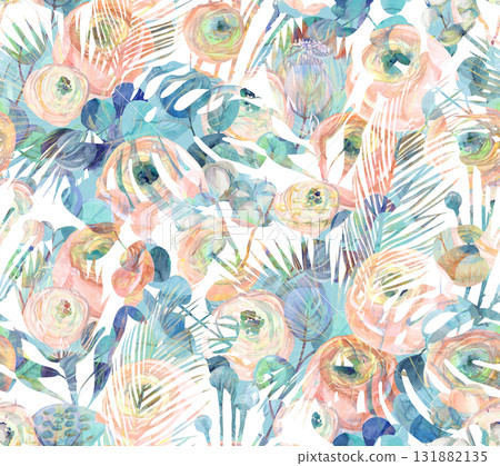 mix watercolor silhouette seamless pattern with Ranunculus roses flowers and protea 131882135