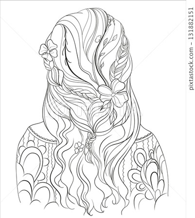 Illustration of a black and white coloring girl with a hairstyle in Boho style 131882151