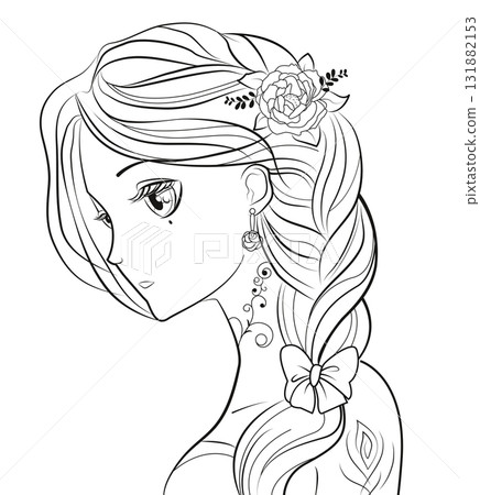 Illustration of a black and white coloring girl with a girl in anime style with flowers Illustration of a black and white coloring girl with a girl in anime style with flowers 131882153