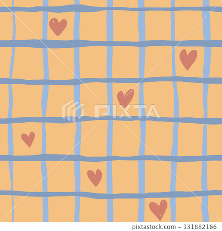 Vector abstract seamless pattern with blue checks and hearts. Hand painted illustration for design, print, fabric or background. Vector abstract seamless pattern with blue checks and hearts. Hand painted illustration for design, print, fabric or background. 131882166