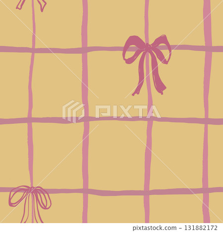 Vector abstract seamless pattern with pink checks and bows. Hand painted illustration for design, print, fabric or background. Vector abstract seamless pattern with pink checks and bows. Hand painted illustration for design, print, fabric or background. 131882172