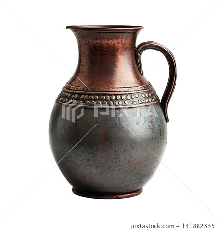 Stunning isolate of a copper or bronze jug with a rich oriental or antique relief ornament. The insulated piece shows a noble patina, exquisite decor and is ideal for catalogs. Stunning isolate of a copper or bronze jug with a rich oriental or antique relief ornament. The insulated piece shows a noble patina, exquisite decor and is ideal for catalogs. 131882335