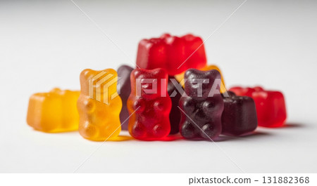 Group of red, orange and purple multivitamin gummies bears isolated on white background. Healthy lifestyle concept 131882368