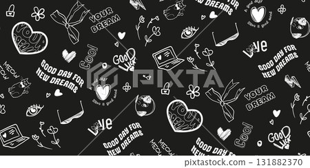 Seamless black and white pattern with Elements for girls bow, hearts for textiles and girly surface design 131882370