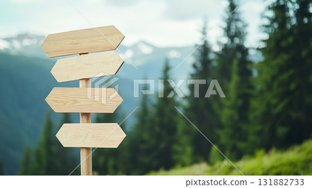 Wooden Arrow Signpost in Mountain Landscape with Directional Signs. 131882733