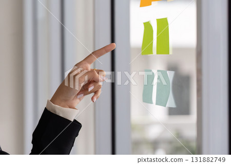 Businesswoman pointing at colorful sticky notes on a glass wall during a meeting Businesswoman pointing at colorful sticky notes on a glass wall during a meeting 131882749