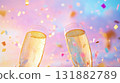 Champagne Cheers with Confetti Falling for Celebratory Toasting Event. 131882789