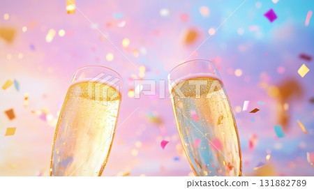 Champagne Cheers with Confetti Falling for Celebratory Toasting Event. Champagne Cheers with Confetti Falling for Celebratory Toasting Event. 131882789