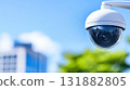 Exterior Surveillance Camera on Building with Spherical Dome Enclosure. 131882805