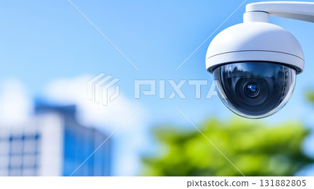 Exterior Surveillance Camera on Building with Spherical Dome Enclosure. Exterior Surveillance Camera on Building with Spherical Dome Enclosure. 131882805
