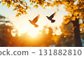 Two Birds Flying Through Autumnal Sky at Sunset. 131882810
