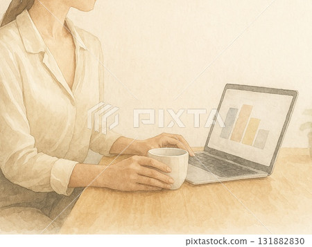 安靜的早晨AI辦公桌－優雅的白色空間和隨意的手腕動作 131882830