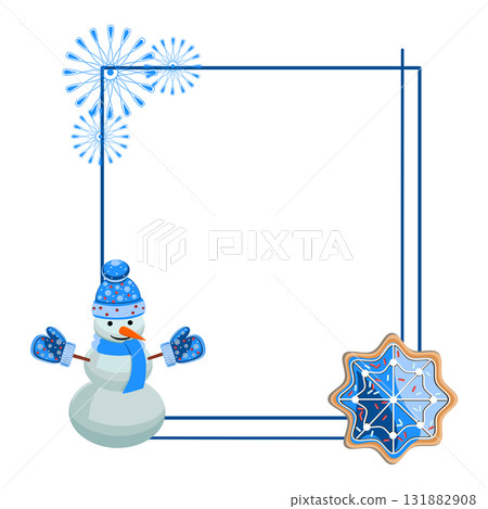 Holiday frame with snowman in mittens and hat, snowflakes, gingerbread cookie, vector illustration 131882908