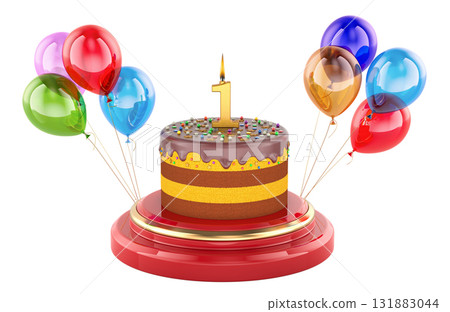 Birthday cake with number one candle on pedestal with colored balloons. 3D rendering Birthday cake with number one candle on pedestal with colored balloons. 3D rendering 131883044