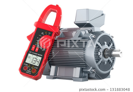Electric motor with red digital clamp meter. 3D rendering 131883048