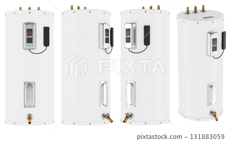 White electric water heater with electronic control panel and brass pipe fittings, shown from four angles. 3D rendering 131883059