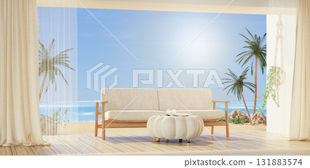 Bright open space with ocean view and relaxing summer decor, 3D render illustration Bright open space with ocean view and relaxing summer decor, 3D render illustration 131883574
