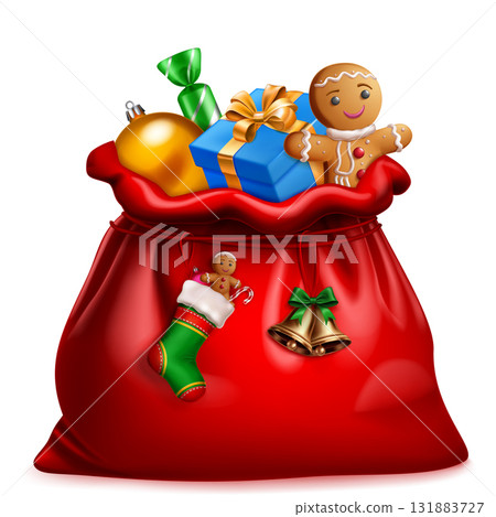 Red Santa sack with gifts, gingerbread men, and ornaments. Red Santa sack with gifts, gingerbread men, and ornaments. 131883727
